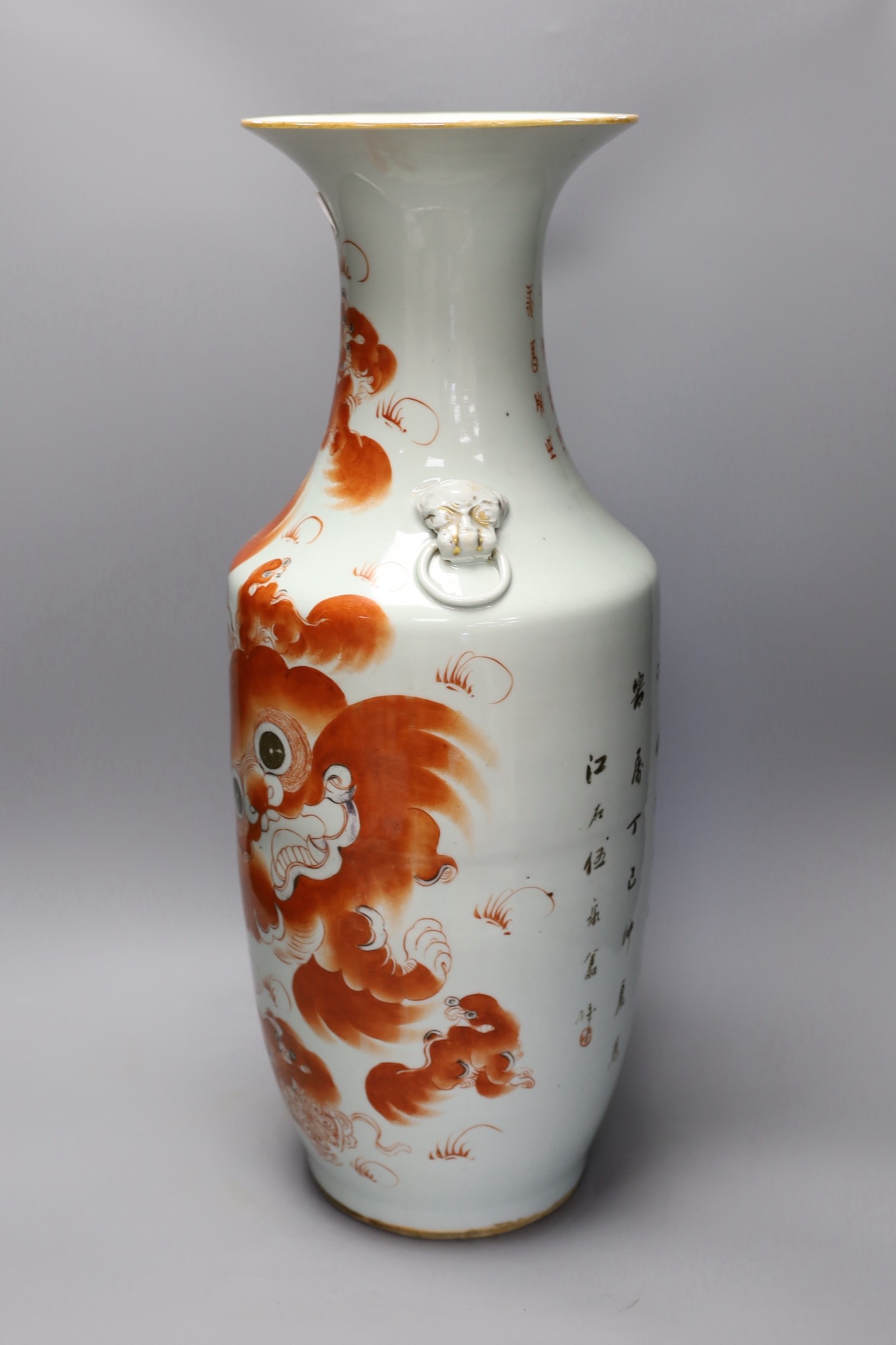 A large Chinese iron red enamelled ‘Buddhist lion’ vase, 59cm tall